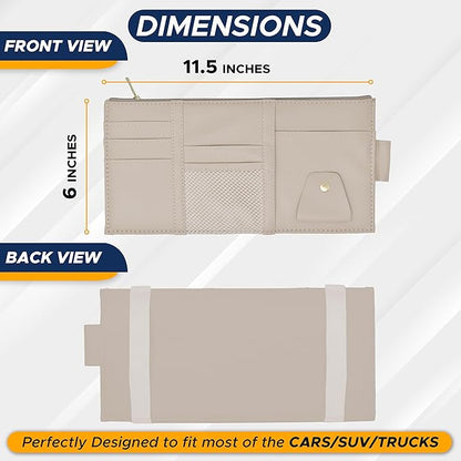 EcoNour Car Sun Visor Organizer (Beige) | Multi-Pocket Net Zipper Case for Cash, Card, Pen & Sunglass | Visor Organizer Storage Pouch | Interior Accessories with Pocket for Car & Truck | Small