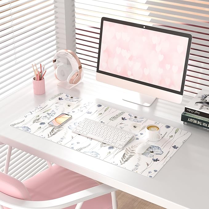QiyI Large Mouse Pad for Desk, Floral Desk Mat for Desktop, Women Girls Office Décor Desk Accessories, PU Leather Waterproof Gaming Mousepad, Watercolor Flowers Desk Pad Computer Mat, 31.5" x 15.7"
