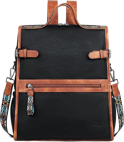 FADEON Leather Laptop Backpack for Women, Designer Ladies Work Travel Computer Backpack with Laptop Compartment Black Brown