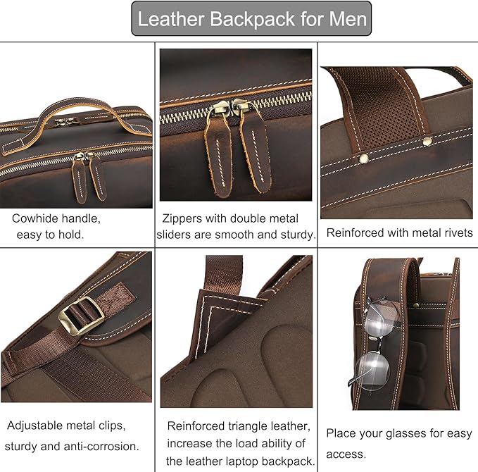 LUUFAN Genuine Leather Shoulder Bag for Men, Casual Backpack Laptop Rucksack Business Daypack Travel Outdoor Bag, Brown