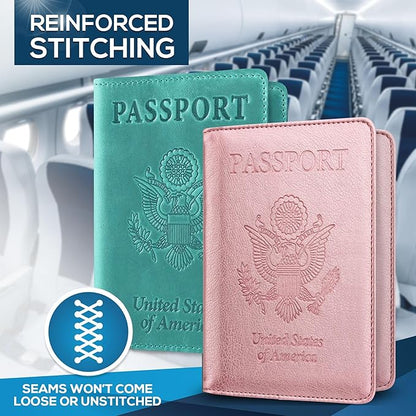 Ciana Passport Holder for Travel – PU Leather Passport Cover and Card Holder for Men & Women – Slim Passport Holder with Card Protector Slot, Travel Must Haves (Turquoise and Rose Gold)