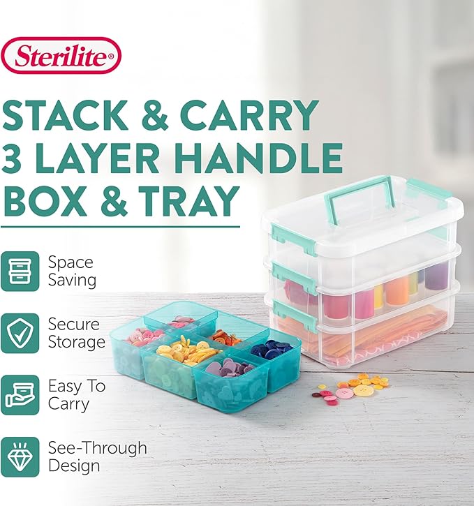 Sterilite 6 Pack Plastic Storage Box Container, 3 Layer, Stack and Carry, Clear/Blue