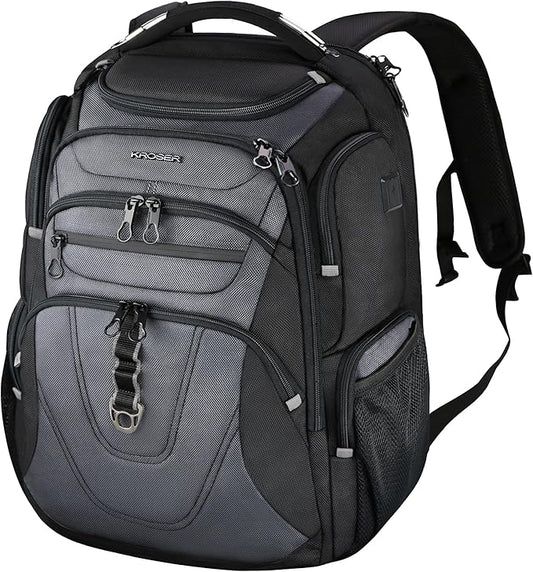 KROSER TSA Friendly Travel Laptop Backpack 18.4 inch XXXL Gaming Backpack Water-Repellent College Daypack Business Backpack with RFID Pockets & USB Port for Men/Women-Black/Grey