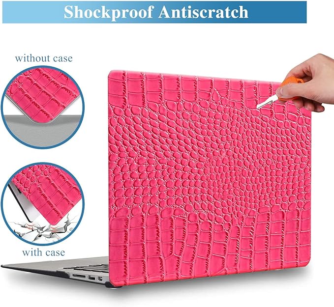 KEROM Compatible for Crocodile MacBook Pro 13 Inch Case 2025-2016 M2 M1 A2338 A2289 A2251 A2159 A1989 A1706 A1708, Textured Aligator Skin Snakeskin PU Leather Hardshell & Keyboard Cover, Pink