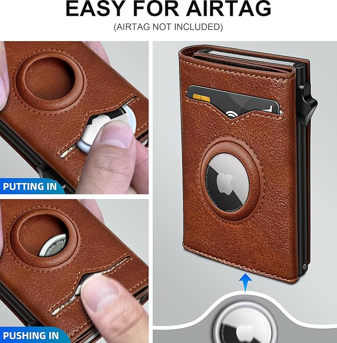 miyozi Airtag Wallet for Men,with Cash Pocket 2 ID Window 9-12 Cards,Metal Case Smart Slim Pop Up Credit Card Holder Flip with Magnetic Closure RFID Blocking Trifold wallet with Gift Box