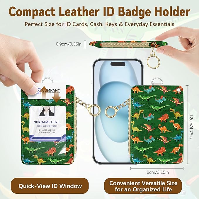 Dinosaur Leather Badge Holder with Zipper Pocket, Green Work Lanyards and 1 Zip Pocket and 4 Card Slots, Breakaway Lanyards with Metal Clasp for Boys, Adult, Teachers