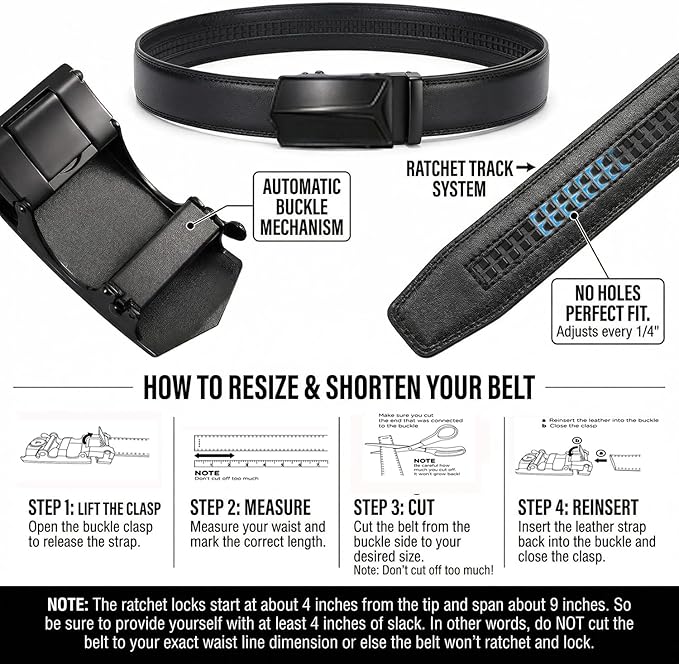 JINIU Men's Ratchet Belt Buckle, Black Genuine Leather Slide Belt for Men Dress Suit, Micro Adjustable Trim to Fit Boxed
