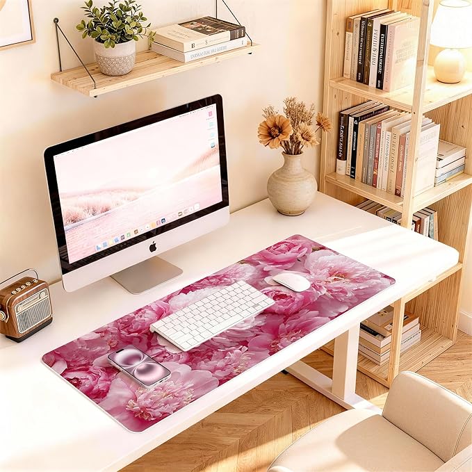 Desk Mat Desk Pad for Keyboard and Mouse, 31.5 x 15.7 in, Pink Peony Floral PU Leather Computer Protector, Non-Slip Base, Waterproof, Easy Clean for Office Gaming, Mouse Pad