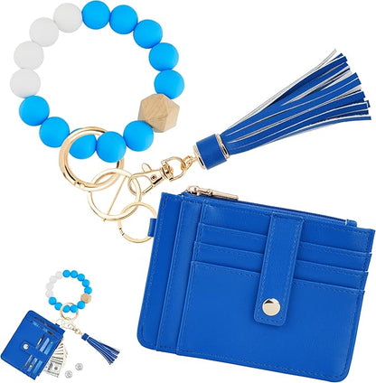 KNGITRYI Wallet Keychain Wristlet for Women,Slim RFID Credit Card Holder Purse Tassel Keychain Bangle Key Ring for Men Women