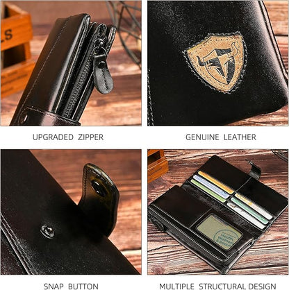 Genuine Crazy Horse Leather Travel Gift Coin Pocket Card Case Long Organizer Chain Rfid Wallet Purse With Snap For Men Male 1803 1815 (1803 Brown 26a)