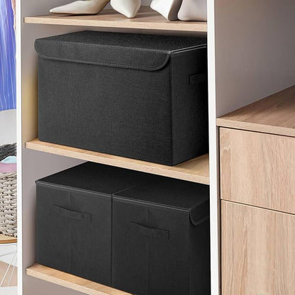 Bagnizer Large 42 Quarts Fabric Storage Bins with Lids [2-Pack] Linen Collapsible Foldable Storage Cubes, Closet Organizer Containers boxes with Handles for Home Office (16.7 x 12 x 12, Black)