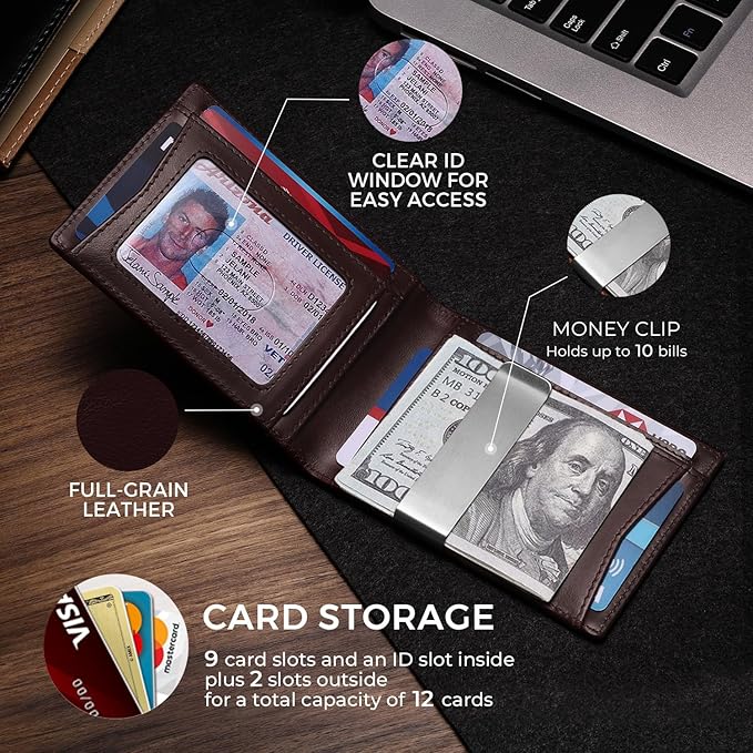 Zitahli Genuine Leather Wallet for Men 12 Card Slim Mens Wallets Bifold RFID Blocking with Money Clip & ID Window Thin Minimalist Card Holder Wallet with Gift Box
