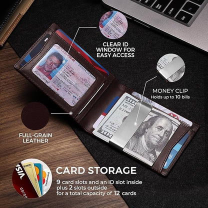 Zitahli Genuine Leather Wallet for Men 12 Card Slim Mens Wallets Bifold RFID Blocking with Money Clip & ID Window Thin Minimalist Card Holder Wallet with Gift Box