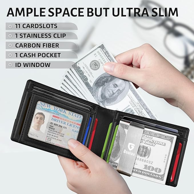 GSOIAX Men's Slim RFID Blocking Leather Wallet with Money Clip Minimalist Carbon Fiber Bifold Credit Card Holder 11 Card Slots Gift Box Included(A-Leather Blcak)