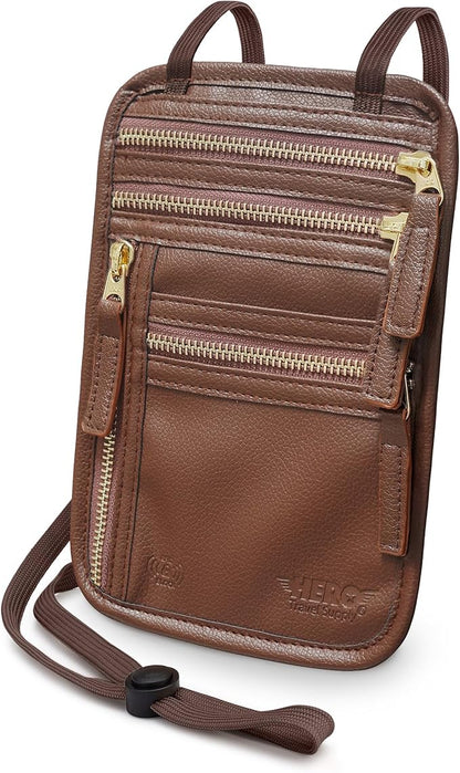 HERO Neck Wallet - RFID Blocking Passport Holder, Easy to Conceal Travel Pouch (Vegan Leather Brown)