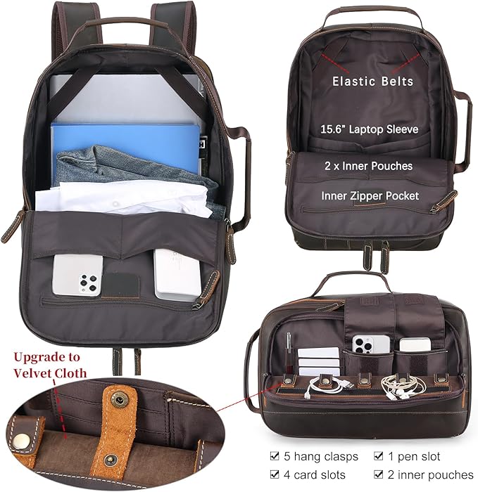 Masa Kawa Leather 15.6" Laptop Backpack for Men Convertible Briefcase Backpacks Expandable Vintage Business Work Travel Rucksack Daypack, Brown