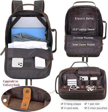 Masa Kawa Leather 15.6" Laptop Backpack for Men Convertible Briefcase Backpacks Expandable Vintage Business Work Travel Rucksack Daypack, Brown