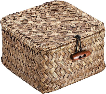 Hipiwe Handwoven Seagrass Basket Bin Small Decorative Shelf Basket Boxes with Lid Wicker Storage Baskets Bins Multipurpose Table Organizer for Key Home Decor, 4.7"L x 4.7"W x 3"H