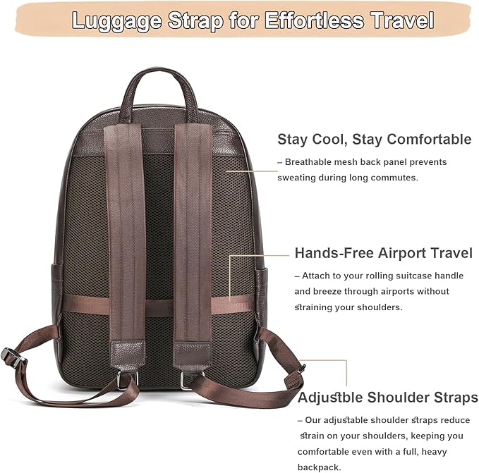 Genuine Leather 15.6 Inch Laptop Backpack for Men, Multi Pocket Casual Daypack Shoulder Bag for Business Travel Outdoor, Coffee