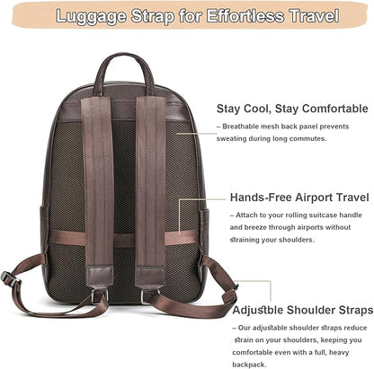 Genuine Leather 15.6 Inch Laptop Backpack for Men, Multi Pocket Casual Daypack Shoulder Bag for Business Travel Outdoor, Coffee