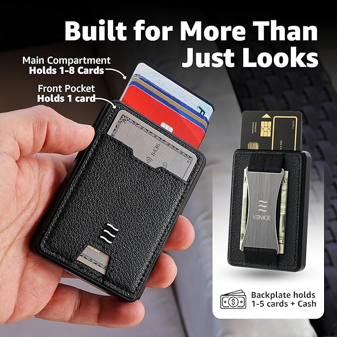 VENICE RFID Blocking Wallet, Minimalist Card Holder with Quick Access, Vegan Leather & Brushed Aluminum, Gift-Ready Packaging (Black)