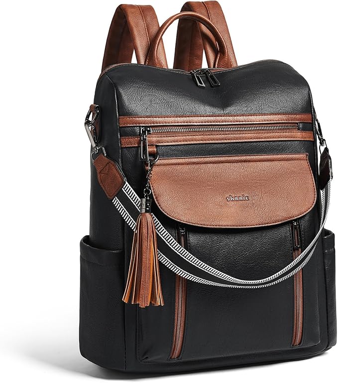 Shrrie Laptop Backpack for Women 15.6 inch,Travel Leather Backpack Purse Nurse Teacher Carry on Backpack Computer Bag,Professional Water-Resistant College Business Work Casual Daypack,Black with Brown
