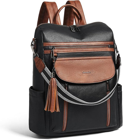 Shrrie Laptop Backpack for Women 15.6 inch,Travel Leather Backpack Purse Nurse Teacher Carry on Backpack Computer Bag,Professional Water-Resistant College Business Work Casual Daypack,Black with Brown