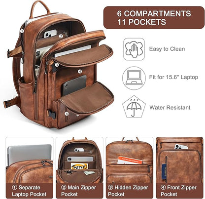 Travel Backpack for Women and Men, Fits 17.0" Laptop, Stylish Lay-Flat Carry-on Vegan Leather Backpack with Luggage Strap for Travel and Daily Use