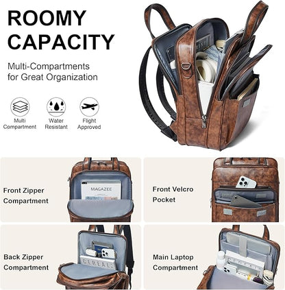 Shrrie Laptop Backpack for Women and Men, 15.6 Inch Vegan Leather Computer Backpack Professional Water-Resistant Casual Daypack for Work Business College Travel Office,Two-toned Brown
