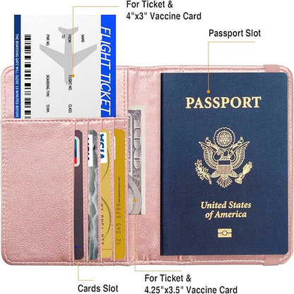 Passport Holder for Travel Passport Cover for Men Passport Wallet Case with Metal Badge Protector Leather Card Case RFID Blocking Women Travel Accessories Document Organizer (Rose Gold)