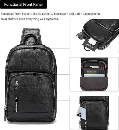 LANNSYNE Full Grain Leather Sling Bag For Men, Crossbody Bag fits 12.9" iPad Crossbody Chest Daypack