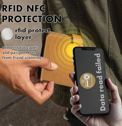 Hidden AirTag Slot Passport Holder, Genuine Leather RFID Blocking Travel Case, Fits 2 Passport Books, Unisex for Men Women and Family