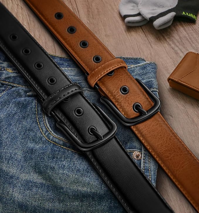 BULLIANT Men Belt 2Pack-Leather Belt 7Holes Comfortable For Men's Dress Casual Jeans 1 3/8"