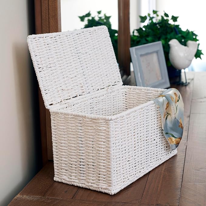 Household Essentials Small Wicker Basket with Lid, Multipurpose Storage Basket for Bathrooms, Shelves, Desks, Vanities, Closets and More, White