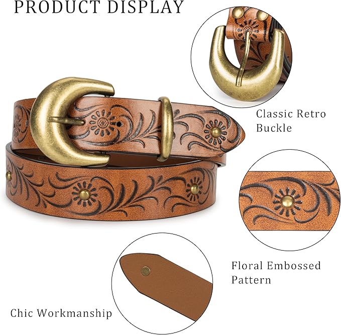 Mealah Vintage Western-Cowboy-Belt for Women Men - Carved Buckle PU Leather Waist Belts (for Waist 28"-38")