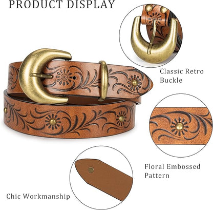 Mealah Vintage Western-Cowboy-Belt for Women Men - Carved Buckle PU Leather Waist Belts (for Waist 28"-38")