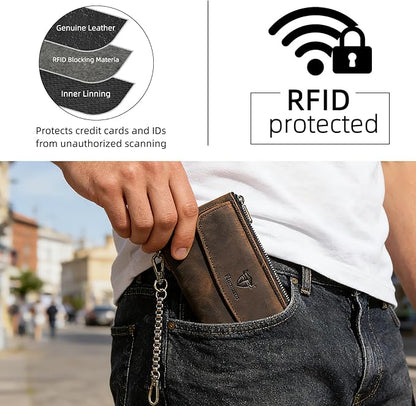 Genuine Crazy Horse Leather Travel Gift Coin Pocket Card Case Long Organizer Chain Rfid Wallet Purse With Snap For Men Male 1803 1815 (1803 Silver)