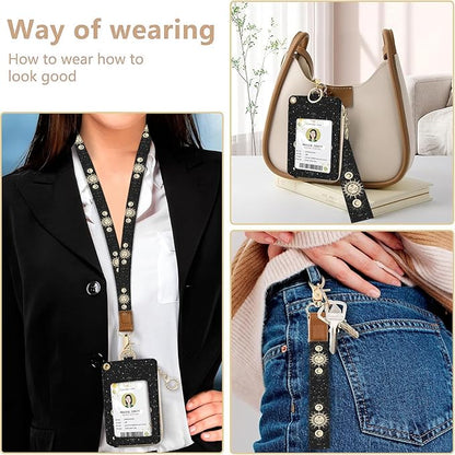bolimoss Sun and Moon Badge Holder & Lanyard Wallet Removable Lanyards for Teacher Womens Wallet with Wristlet & Neck Lanyard, Clear Window, 5 Card Slots, Pocket,1 Side Zipper Pocket, Ring Keychain