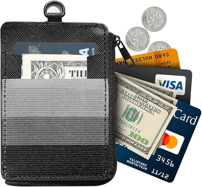 2-in-1 ID Badge Holder & Elastic Card Holder Wallet,Minimalist Men & Women Zip Card Holder Wallet with Neck Lanyard,3 Card Slots and 1 Side Zipper Pocket (Black-B)