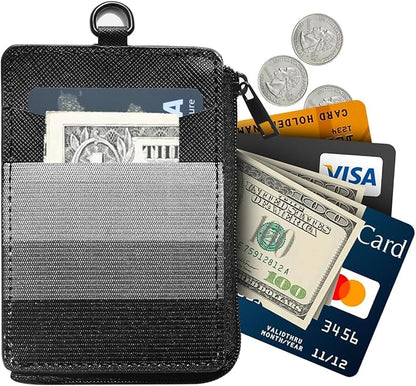 2-in-1 ID Badge Holder & Elastic Card Holder Wallet,Minimalist Men & Women Zip Card Holder Wallet with Neck Lanyard,3 Card Slots and 1 Side Zipper Pocket (Black-B)