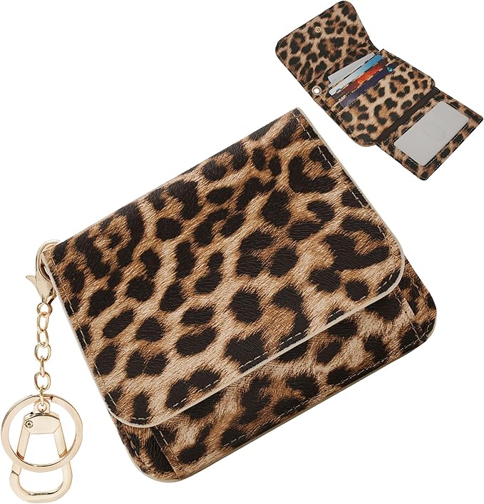 Women Small Wallet RFID Blocking Slim Wallet with Coin Pocket Tri-Fold Credit Card Holder with ID Window and Keychain (Leopard)
