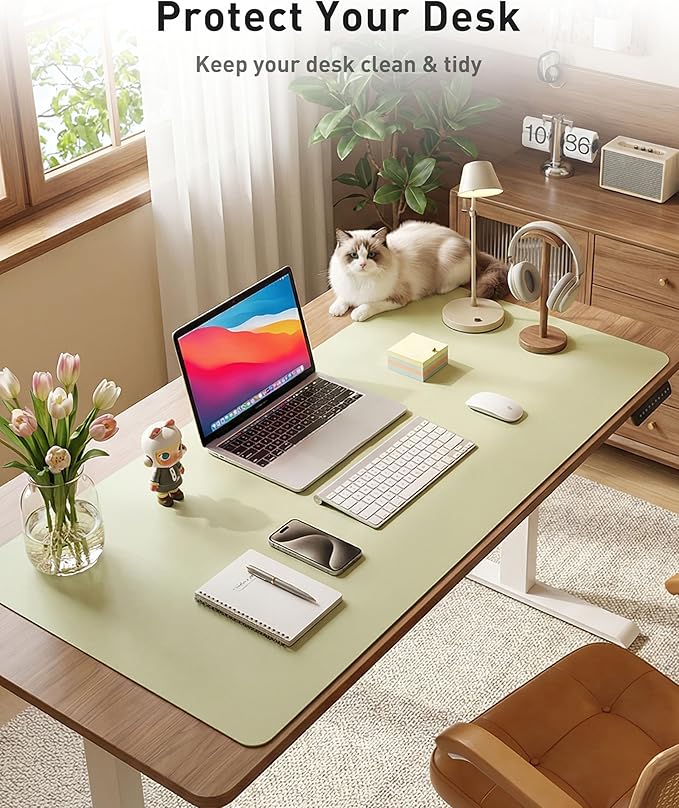 Aothia Faux Leather Desk Mat - Large Mouse Pad, Non-Slip PU Leather Blotter, Waterproof Writing Surface for Office and Home (Grass Green, 42" x 17")