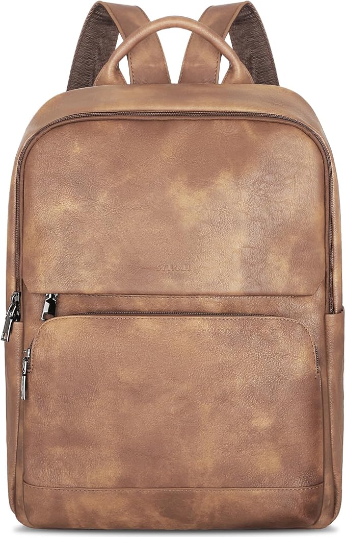 SYTRAH Leather Backpack for Women, Vintage 15.6 inch Laptop Backpack Purse for Women, College Casual Backpacks Ladies Computer Bags for Travel Business Work Camel