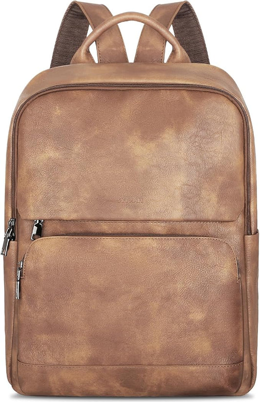 SYTRAH Leather Backpack for Women, Vintage 15.6 inch Laptop Backpack Purse for Women, College Casual Backpacks Ladies Computer Bags for Travel Business Work Camel