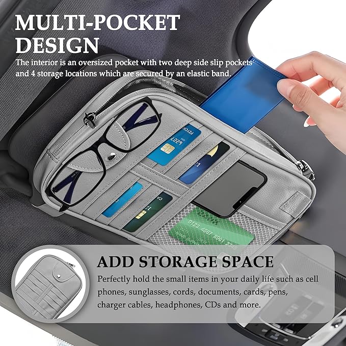 Upgrade Car Visor Organizer,Multipurpose Car Sun Visor Organizer with Sunglasses Holder for Car Storage Bank Cards,Driver's License,PU Leather Truck Visor Organizer for Most Vehicles (Grey)