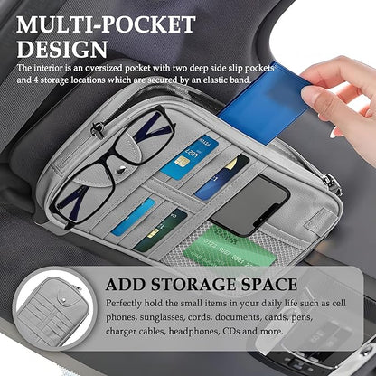 Upgrade Car Visor Organizer,Multipurpose Car Sun Visor Organizer with Sunglasses Holder for Car Storage Bank Cards,Driver's License,PU Leather Truck Visor Organizer for Most Vehicles (Grey)