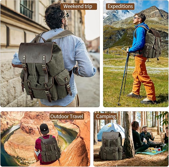 Wogarl Vintage Leather Canvas Backpack, Waxed Canvas Shoulder Rucksack with Toiletry Shoulder Rucksack for Traveling, Camping, Hiking,Business College Fits 17inch Laptop,Green
