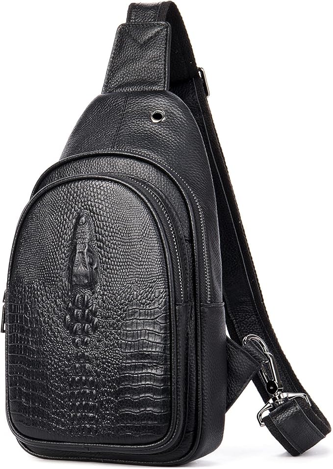 NIUCUNZH Crocodile Leather Sling Bag with Leather Strap, 3 Zipper Crossbody Shoulder Bags for Travel Hike Everyday Carry