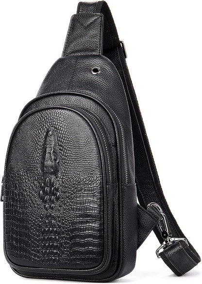NIUCUNZH Crocodile Leather Sling Bag with Leather Strap, 3 Zipper Crossbody Shoulder Bags for Travel Hike Everyday Carry