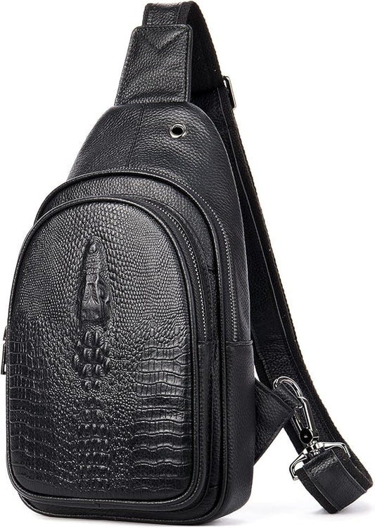 NIUCUNZH Crocodile Leather Sling Bag with Leather Strap, 3 Zipper Crossbody Shoulder Bags for Travel Hike Everyday Carry